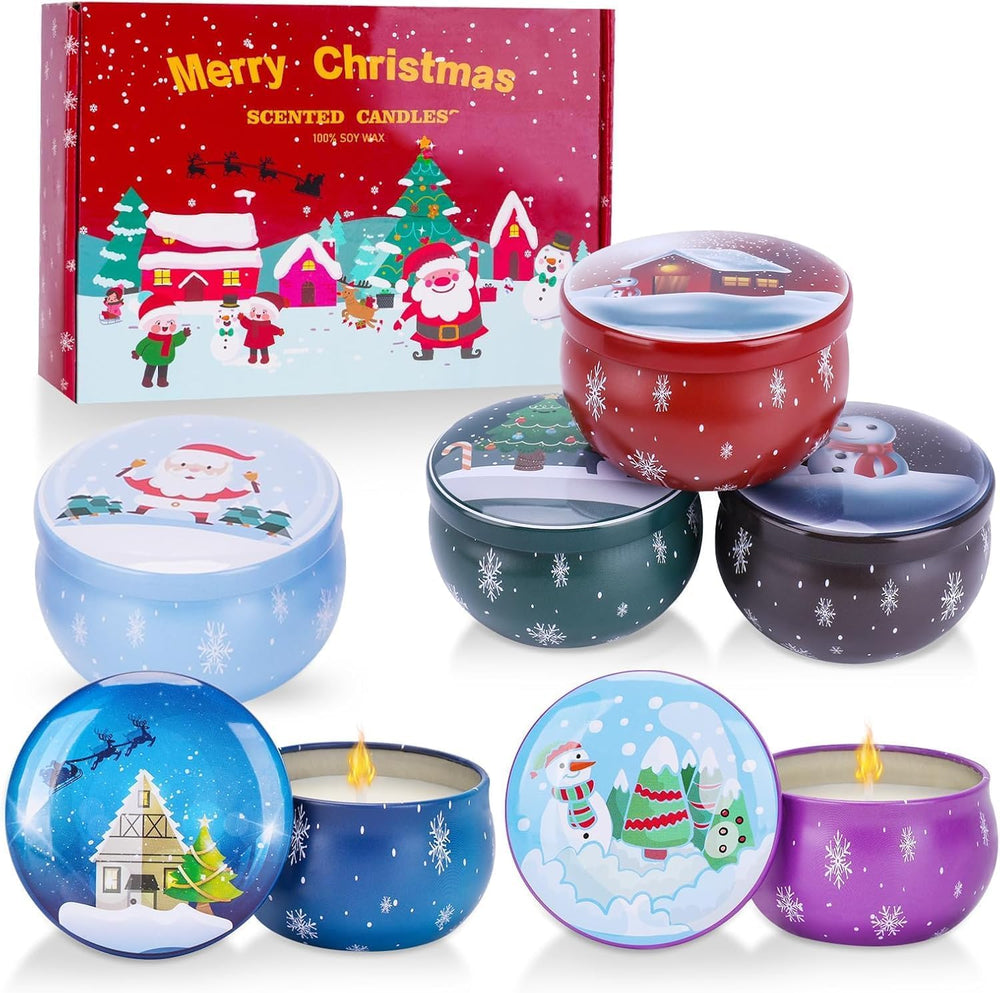 6-pack Christmas scented candle gift set in tin jars