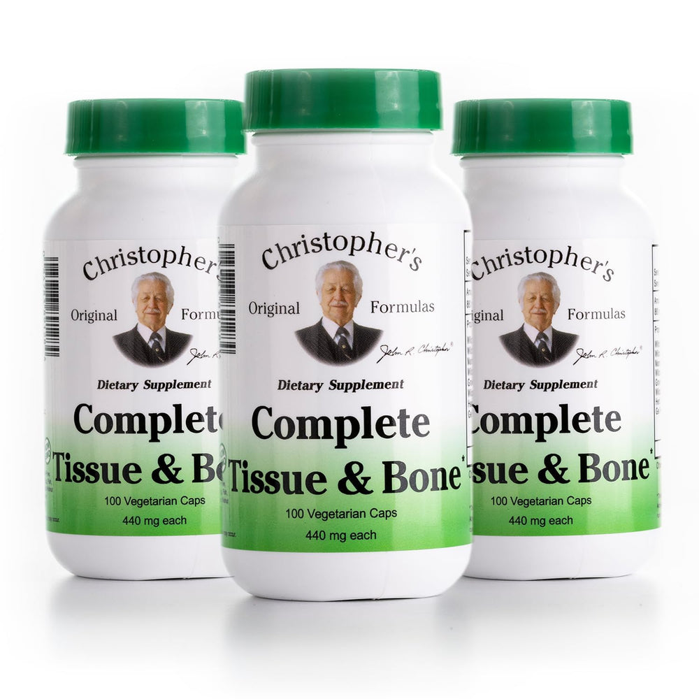 Christopher's Original Formulas Complete Tissue and Bone bottle front view with vegan capsules for everyday support.