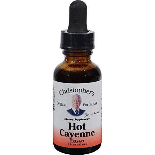 Close-up of Hot Cayenne Extract bottle with liquid, 1 fl oz, pack of 2