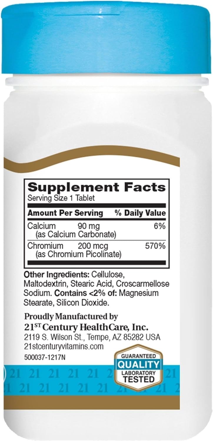 Bottle with label showing 200 mcg chromium picolinate per tablet