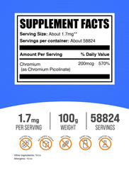 Ingredient panel and nutrition facts for chromium picolinate powder