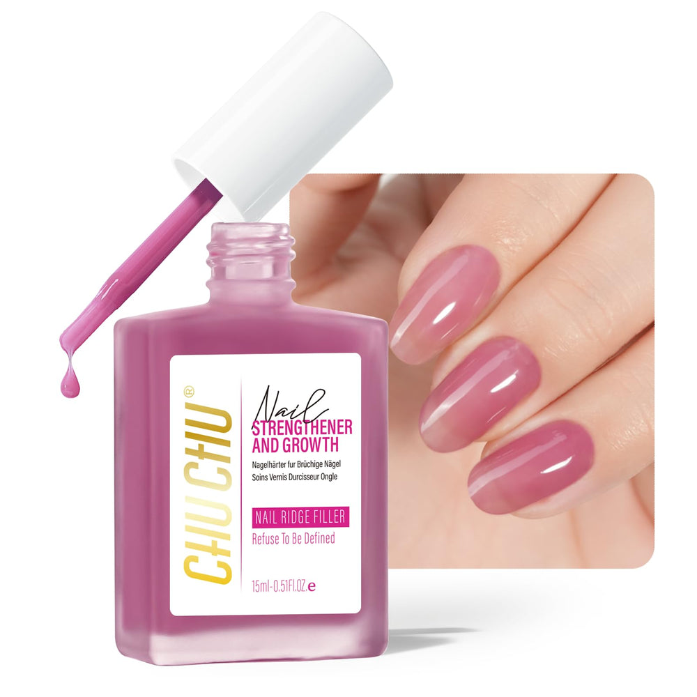 CHUCHU 8-in-1 nail strengthener dusty rose bottle with glossy finish.