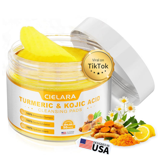 CIELARA turmeric kojic acid cleansing pads packaging shown for travel and storage benefits