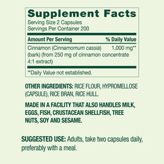 Back view of Cinnamon 1000 mg bottle showing dosage and certifications