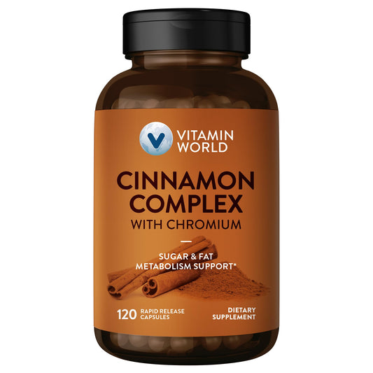 Bottle of Vitamin World Cinnamon Complex with Chromium containing 120 capsules