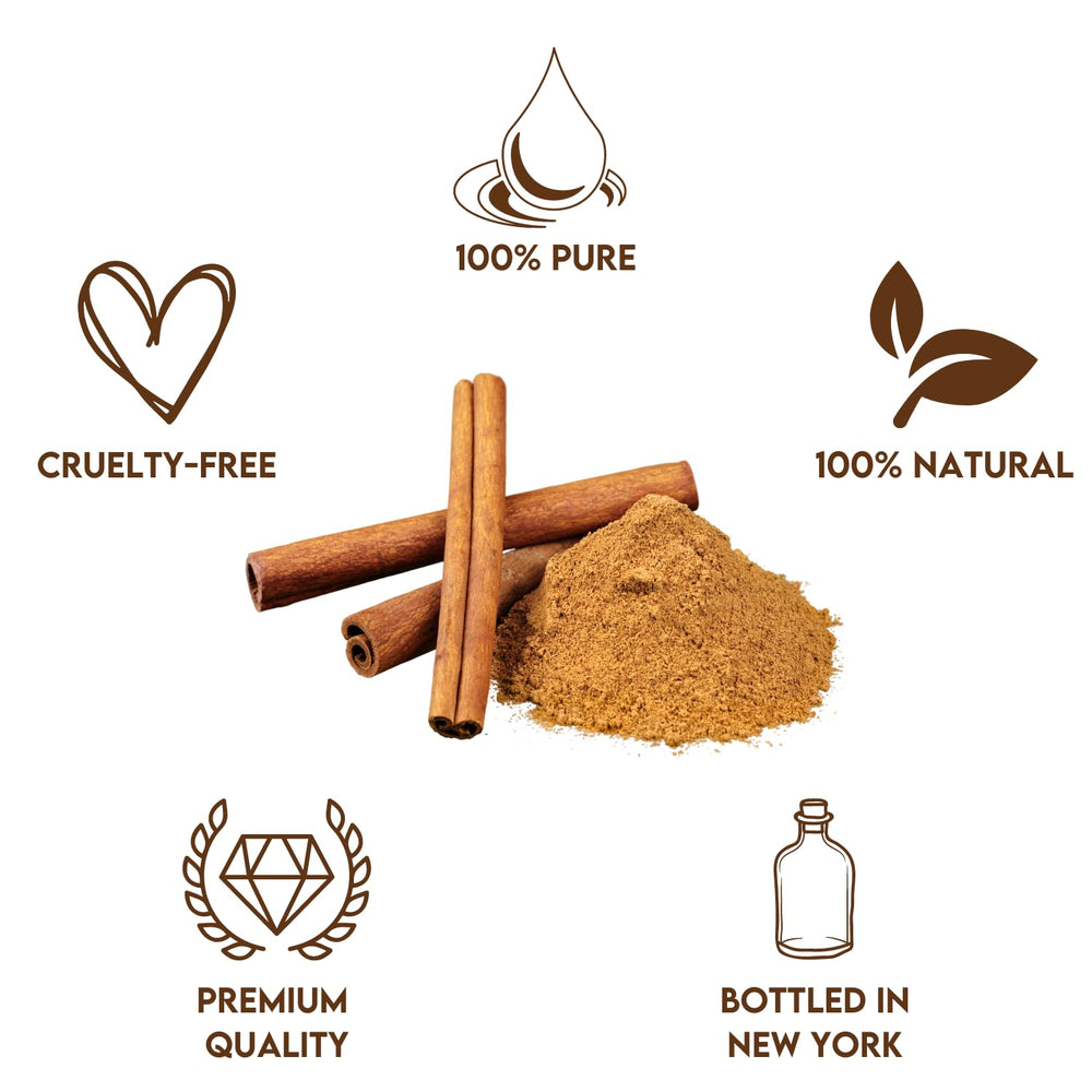 Bottle of 100% pure cinnamon oil labeled natural and therapeutic