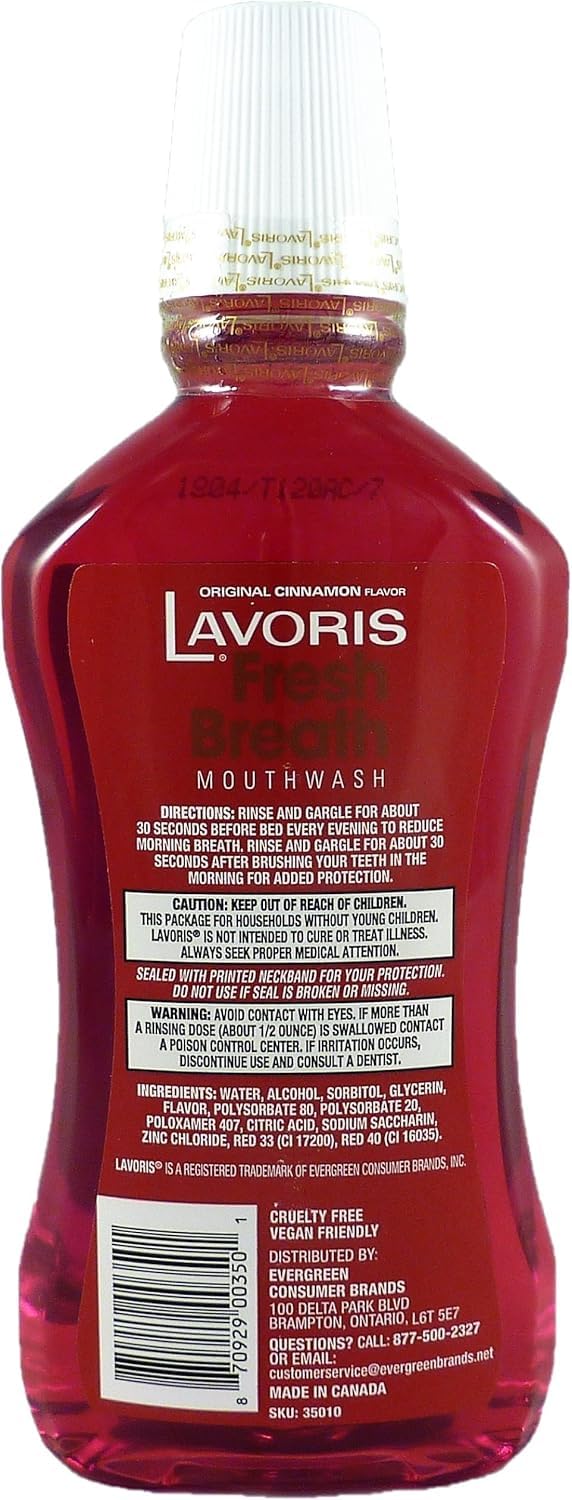 Close-up of Cinnamon Original Lavoris Mouthwash 18 oz bottle