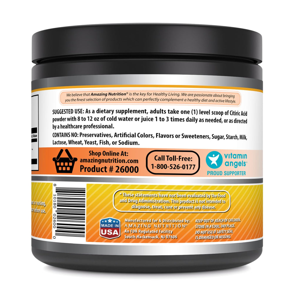 Packaging showing 100 g net weight of citric acid powder
