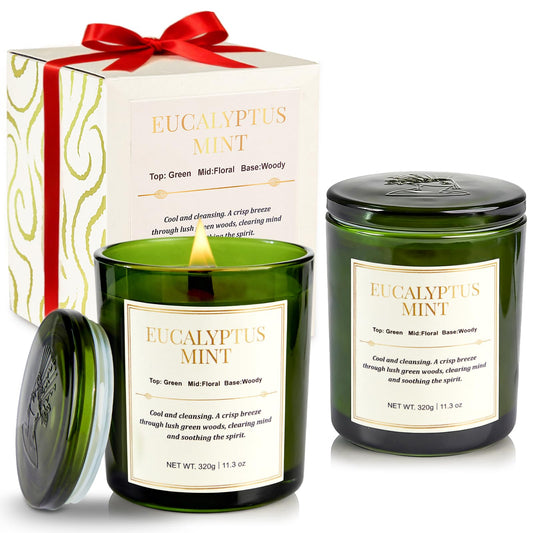CJVIUS 2-pack wood wick candle set with Eucalyptus Mint, front view