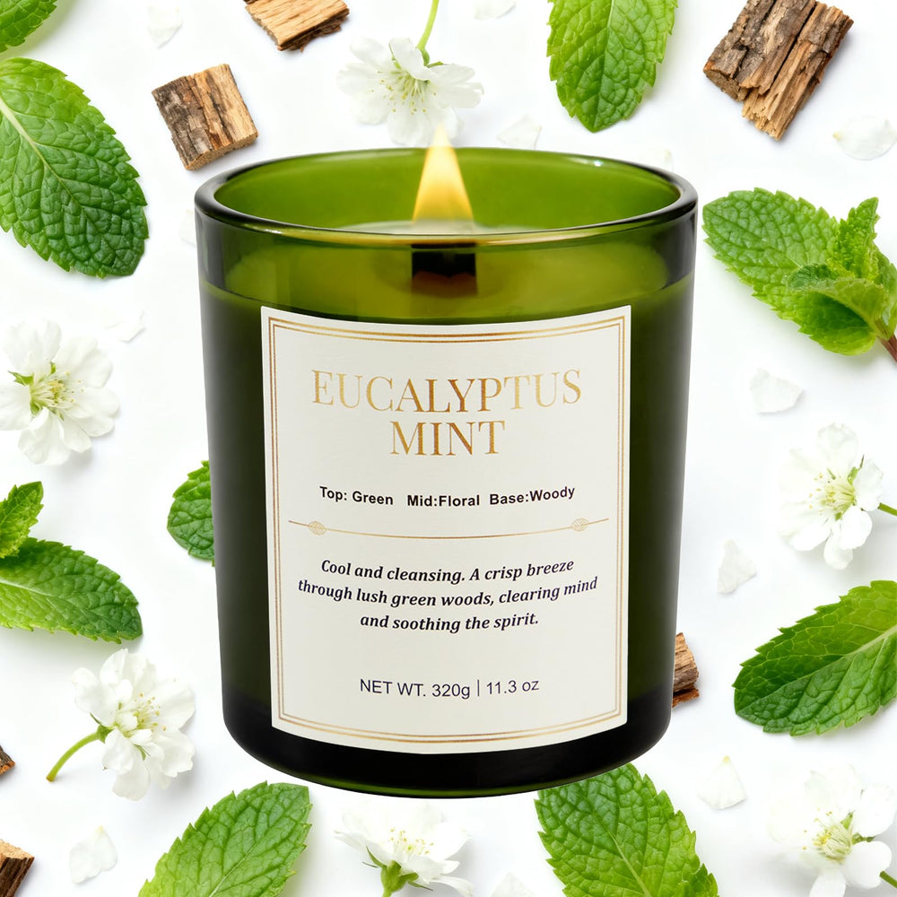 Close-up of wood wick crackling in Eucalyptus Mint candle