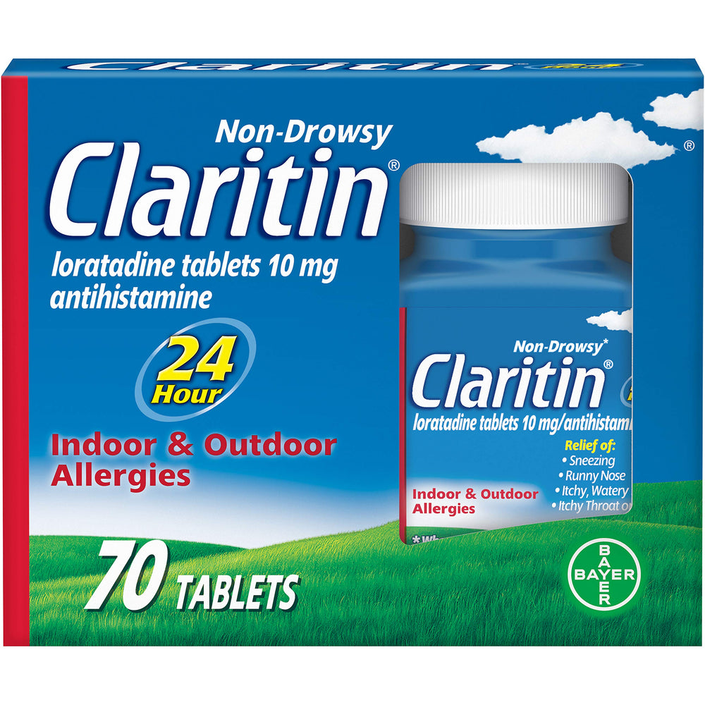 Claritin 24-hour allergy relief tablet close-up for all-day non-drowsy relief.
