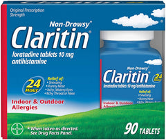 Claritin bottle 90 tablets shows 24-hour allergy relief for indoor and outdoor environments.