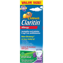 Claritin children bottle pour demonstrates easy dosing for kids' allergy relief.