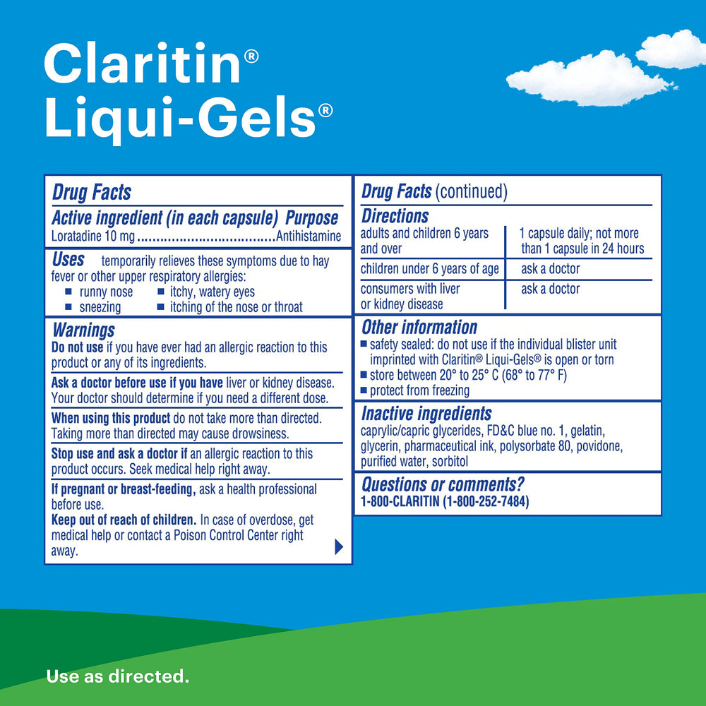 Claritin LiquiGels adult-use context highlights suitability for adults and older teens.
