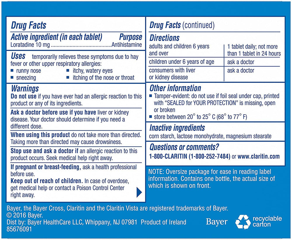 Claritin packaging highlights 90 tablets for flexible daily use against indoor and outdoor allergies.