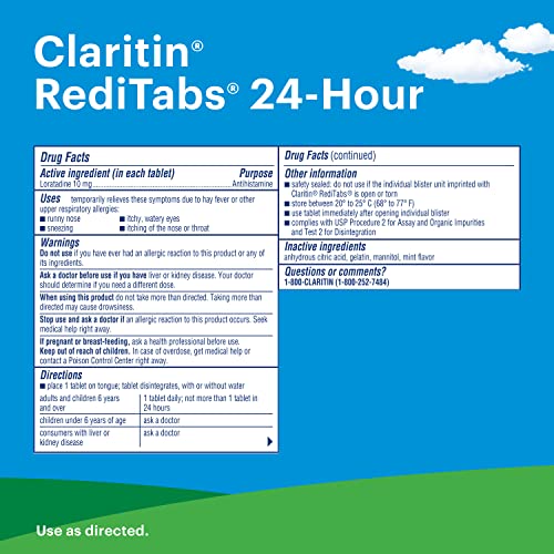 Claritin RediTabs bottle highlights 10 mg loratadine for 24-hour non-drowsy relief