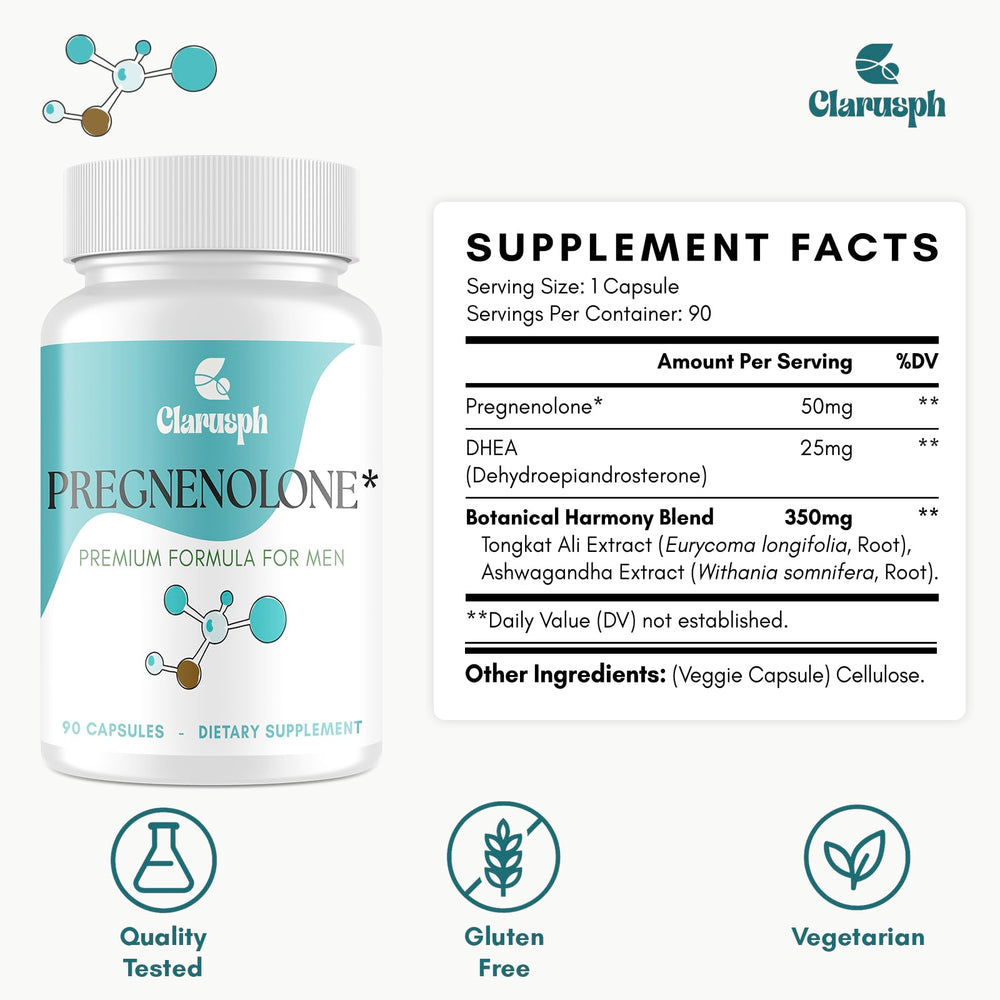 Close-up of Clarusph Pregnenolone 50mg for Men bottle label