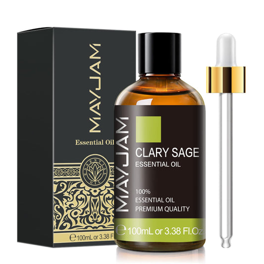 Clary Sage essential oil in amber bottle with glass dropper