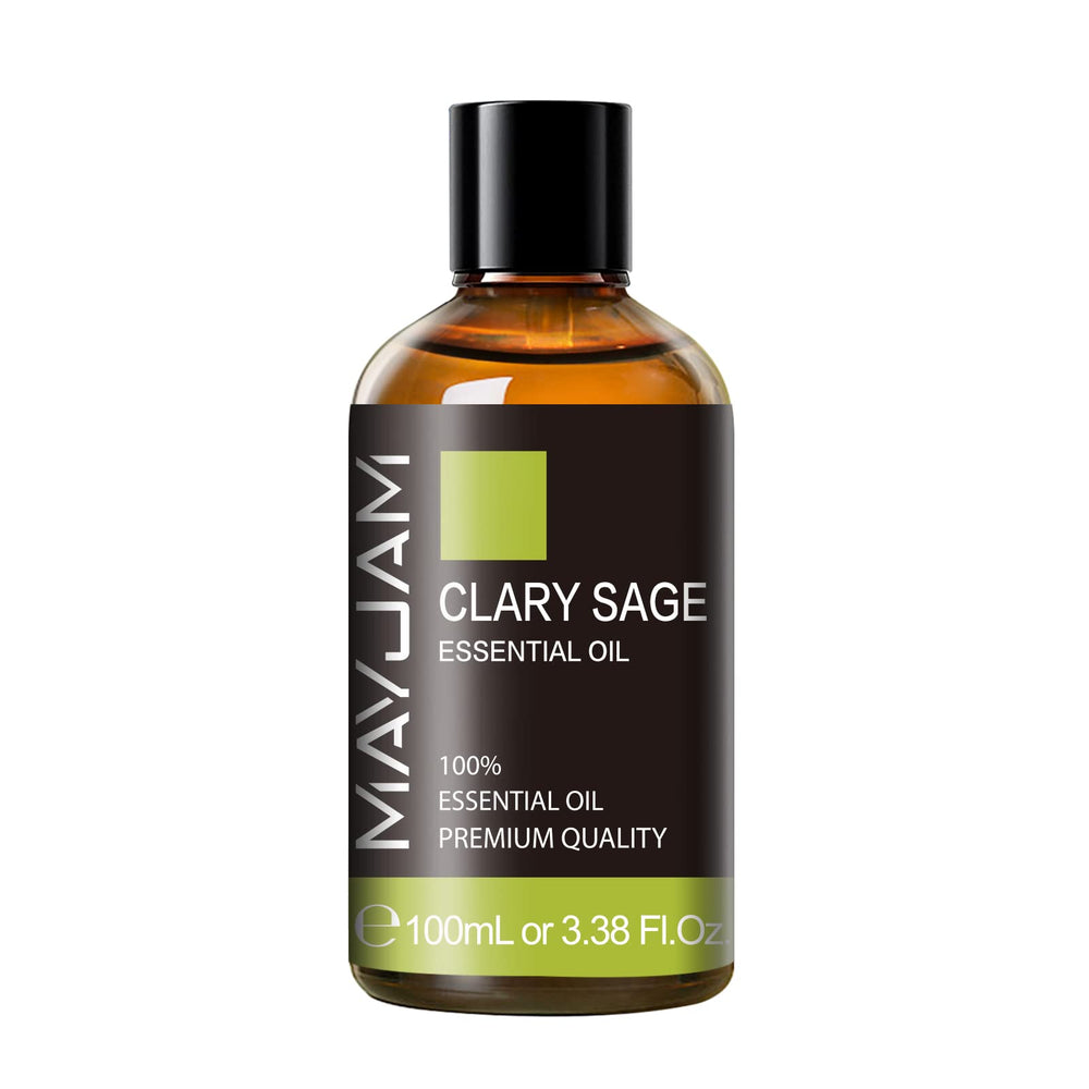 Close-up of MAYJAM Clary Sage essential oil amber bottle