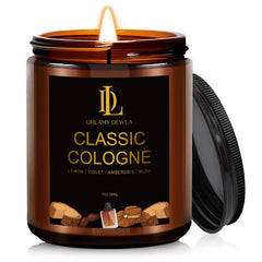 Classic Cologne Candle in a 7oz glass jar with warm amber glow