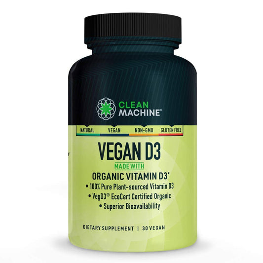 Front view of CLEAN MACHINE Organic Vegan D3 4000 IU bottle with 30 capsules