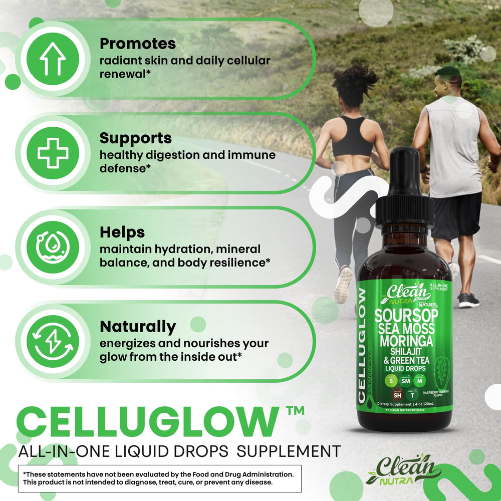 Close-up of ingredients: soursop extract, sea moss, moringa, shilajit, and green tea