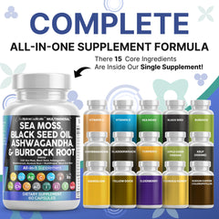 Irish Sea Moss powder with Bladderwrack and Burdock in supplement bottle