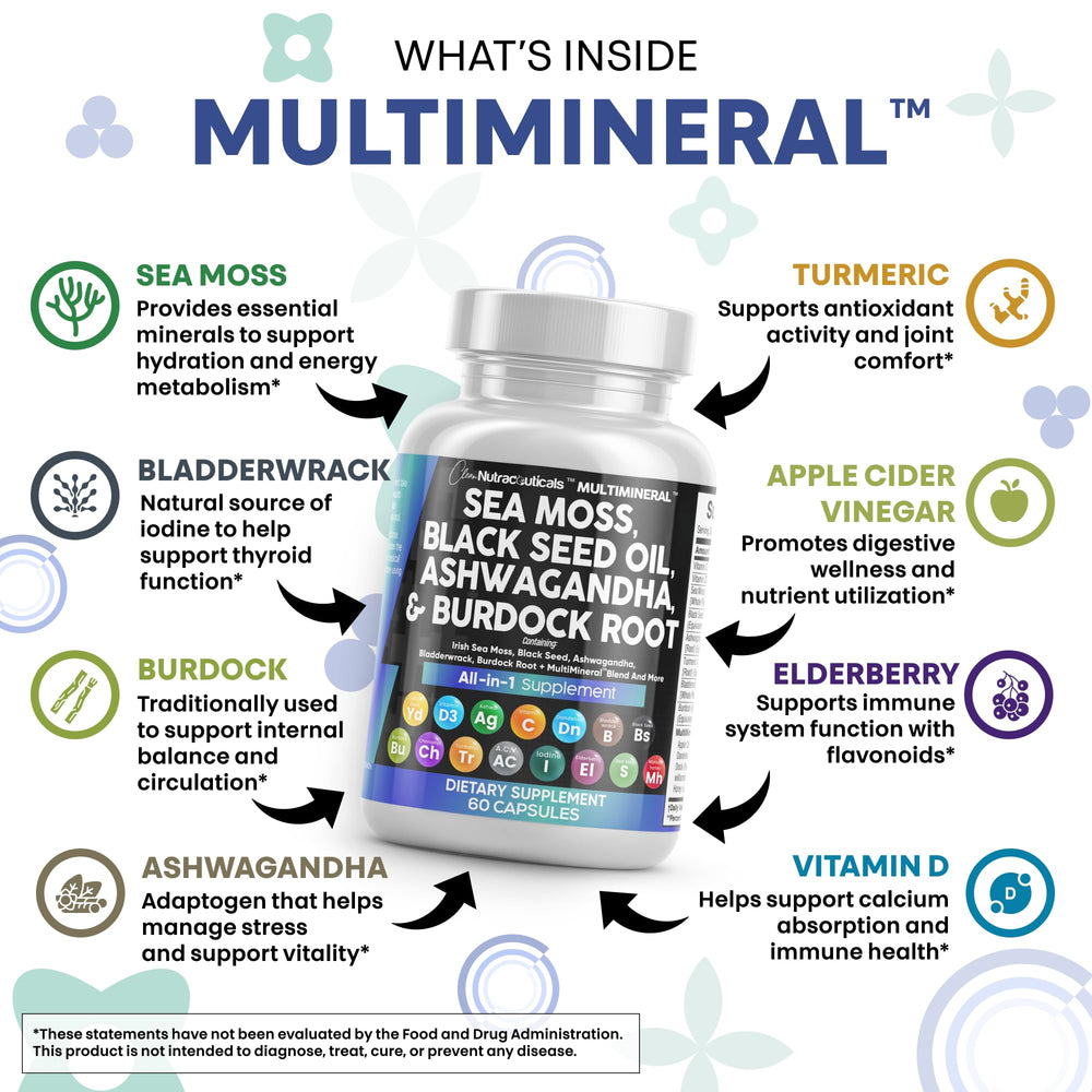 15-in-1 MultiMineral blend capsule lineup featuring Sea Moss, Black Seed, Ashwagandha and Turmeric