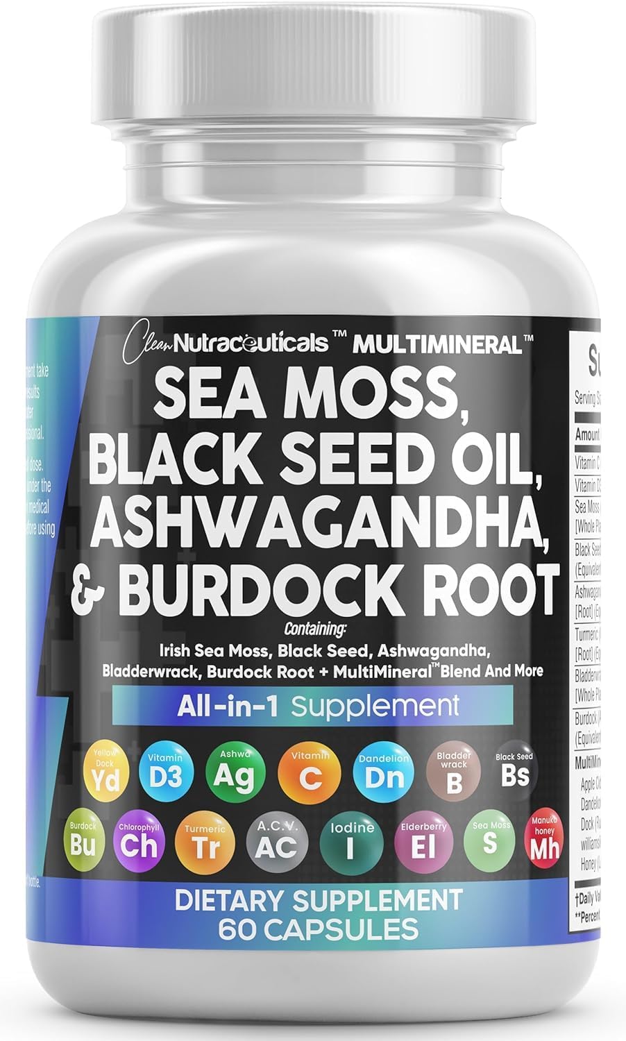 Bottle and capsules of Clean Nutra Sea Moss and Black Seed Oil with Ashwagandha and Turmeric