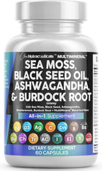 Bottle and capsules of Clean Nutra Sea Moss and Black Seed Oil with Ashwagandha and Turmeric