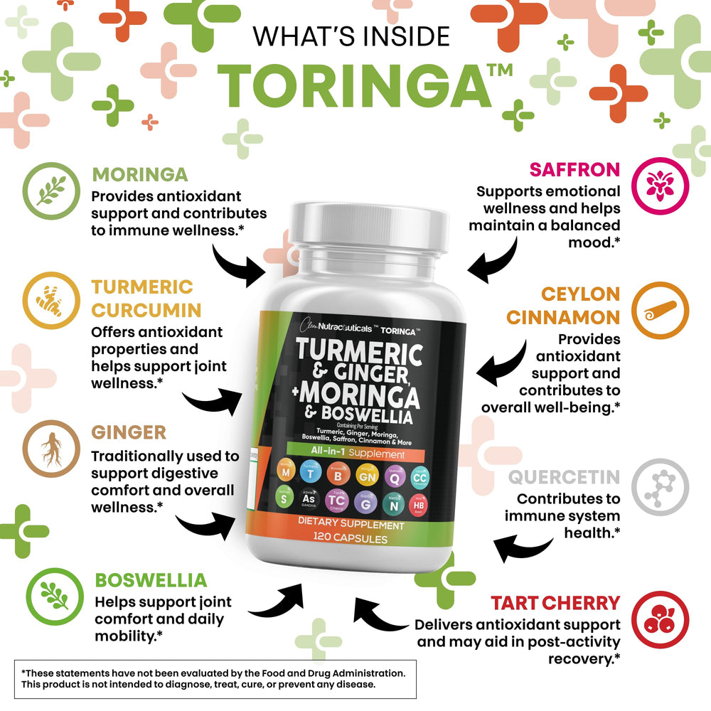 Product label featuring Turmeric Moringa Boswellia and Saffron