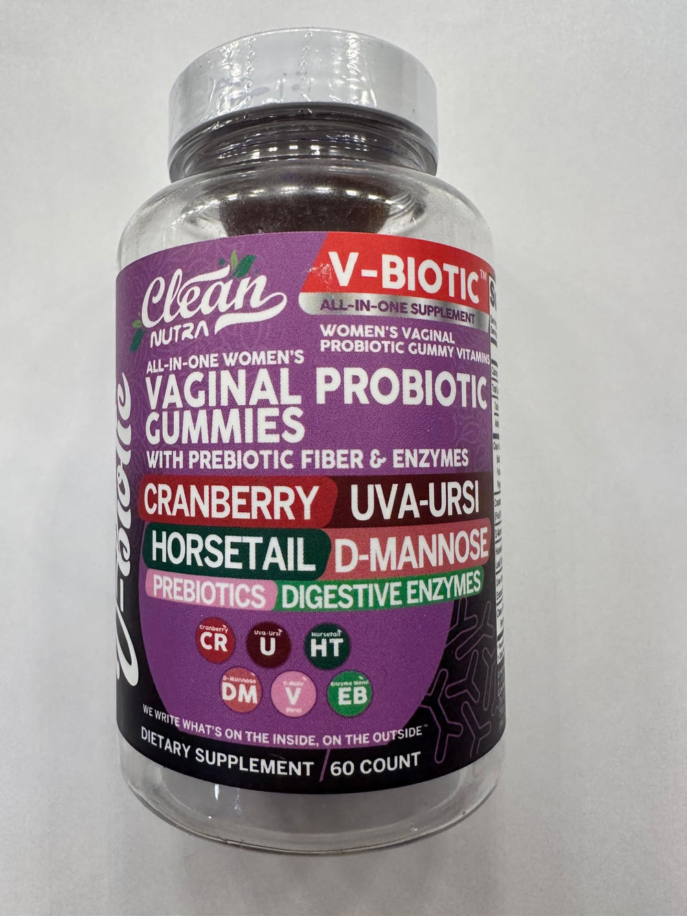 60-count bottle label for Clean Nutra Vbiotic Gummies