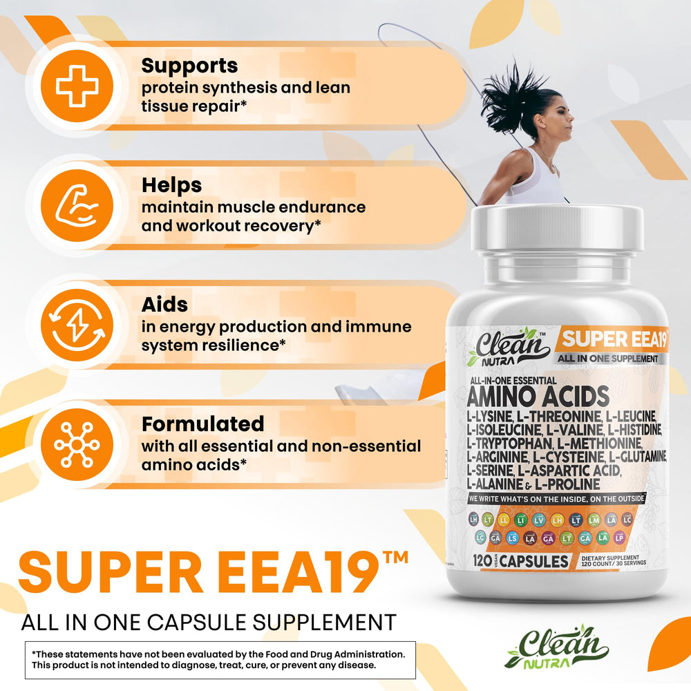 Lifestyle image with amino acids supplement and healthy foods