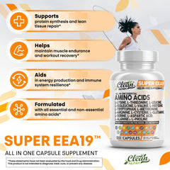 Lifestyle image with amino acids supplement and healthy foods
