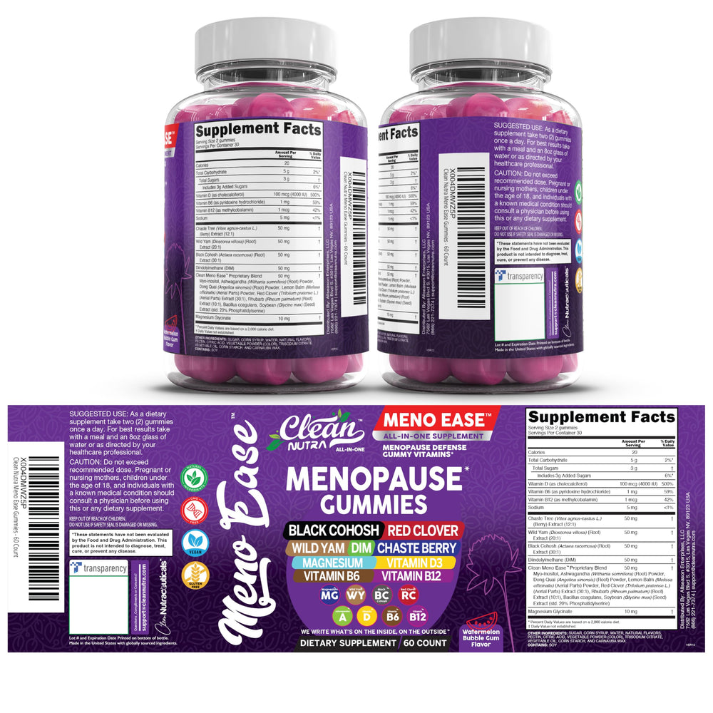Bottle label and dosage guidance on Clean Nutraceuticals menopause gummies for easy planning.