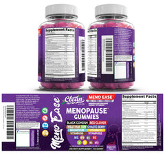 Bottle label and dosage guidance on Clean Nutraceuticals menopause gummies for easy planning.