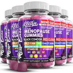 Clean Nutraceuticals menopause gummies bottle close-up showing label for hormone balance support.