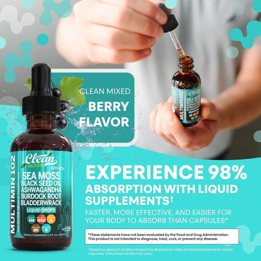 Sea Moss Drops bottle with label and dosage information