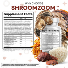 Close-up of ShroomZoom ingredients label and 20-mushroom blend