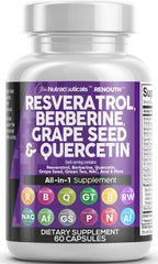 Capsule bottle with resveratrol, berberine, grape seed and quercetin ingredients