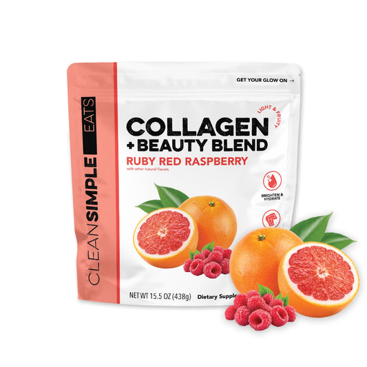 Bottle of Clean Simple Eats Collagen Powder + Beauty Blend in Ruby Red Raspberry flavor with scoop