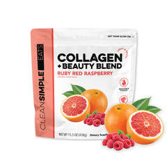 Clean Simple Eats packaging highlights Collagen Beauty Blend with ruby red raspberry flavor.