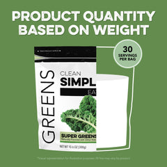 Serving suggestion showing 16–20 oz of water with Super Greens powder