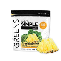Clean Simple Eats Super Greens tropical flavor pour shows vibrant greens and pineapple notes for daily energy
