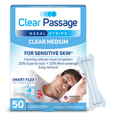 Clear Passage nasal strip on nose providing instant breathable support for restful sleep