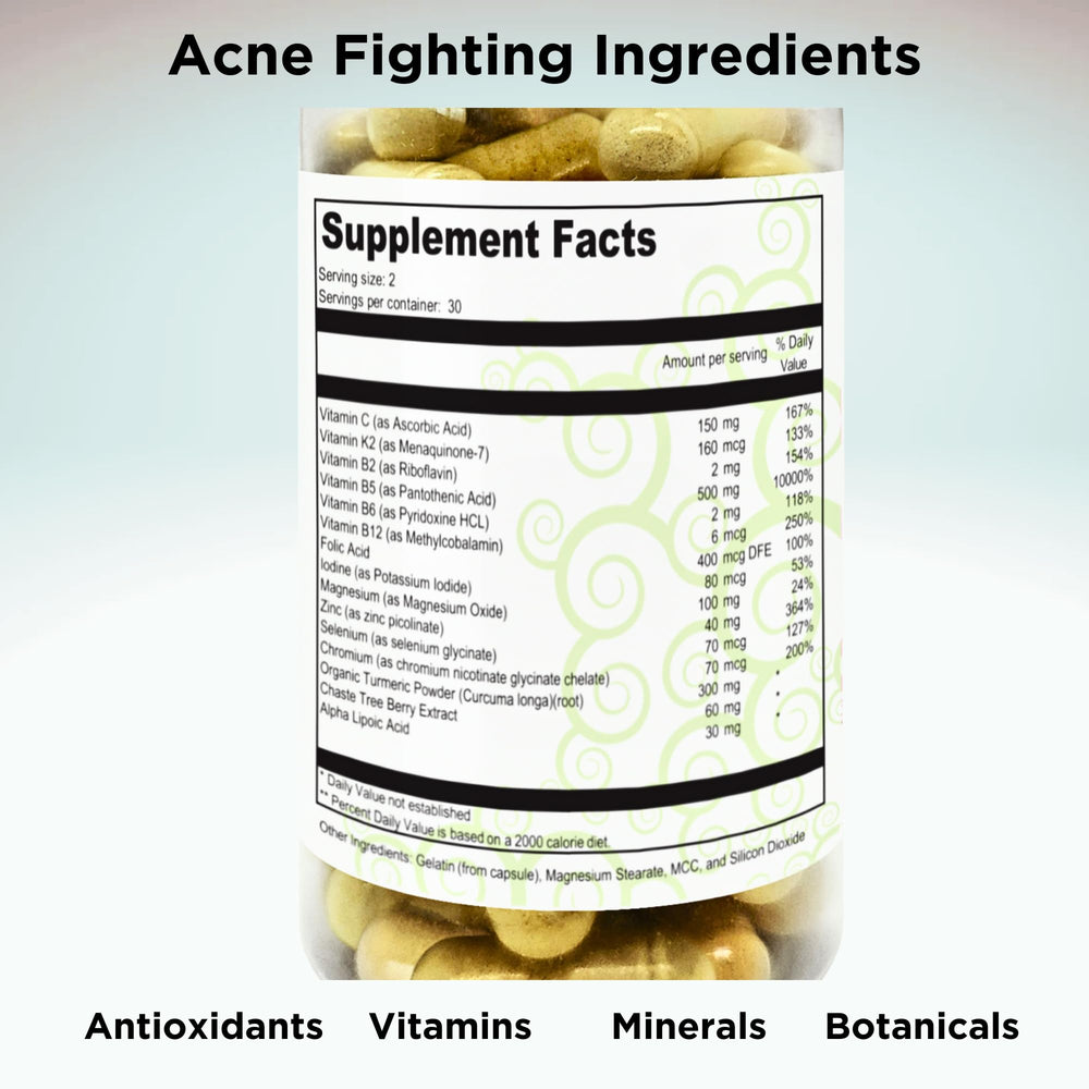 Graphic illustration of key ingredients including Pantothenic Acid B5, Zinc Picolinate and Vitex Chasteberry