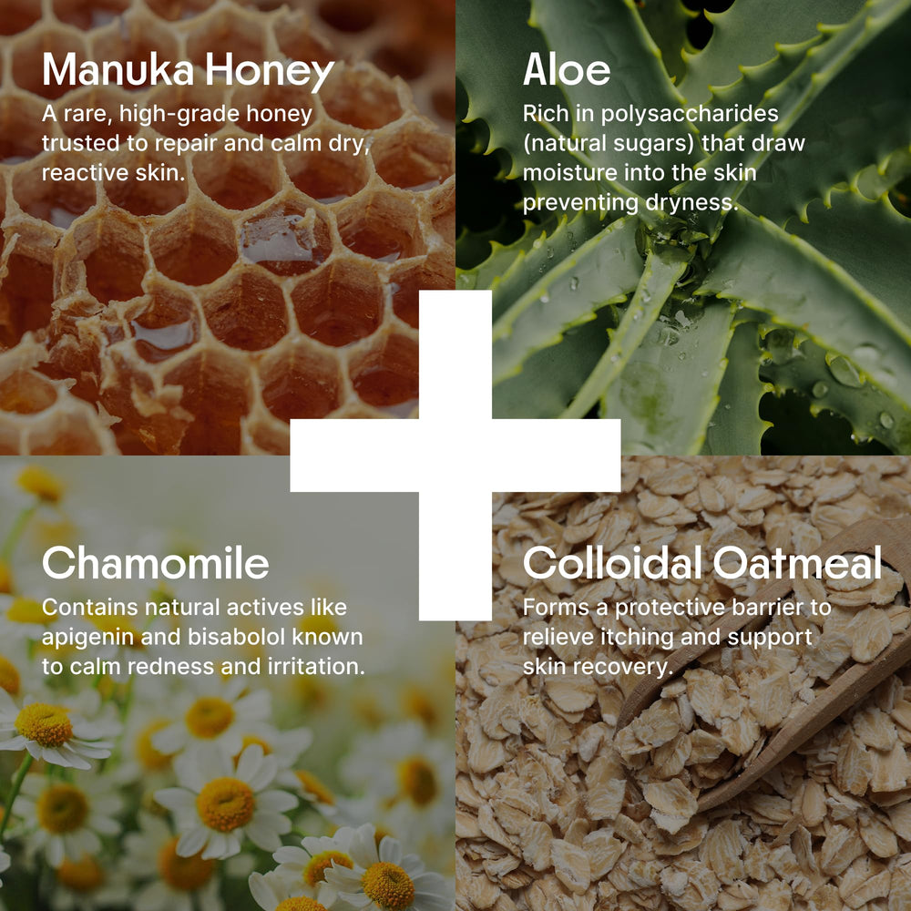 Clearbody Organics Oatmeal Lotion colloidal oatmeal closeup illustrates soothing hydration