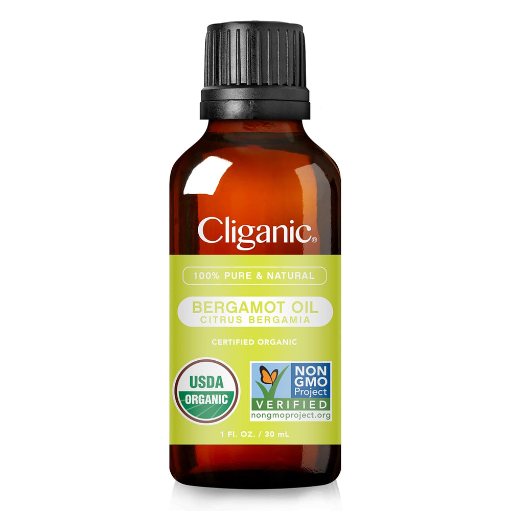 Amber glass bottle of bergamot essential oil