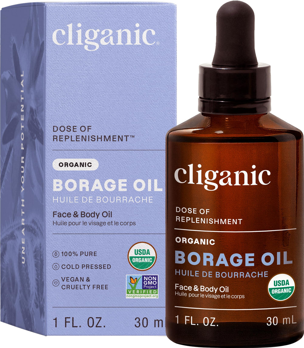 Cliganic Organic Borage Seed Oil bottle showing pure, hydrating formula.