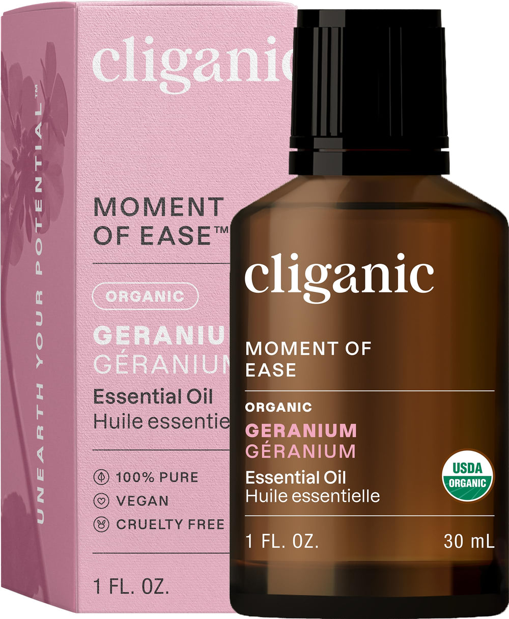 Cliganic Organic Geranium Essential Oil bottle with label